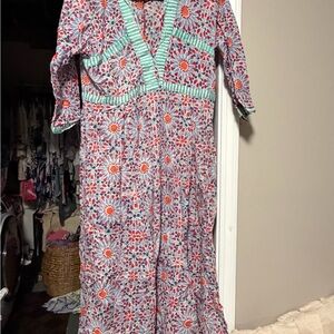 Floral V-Neck Maxi Dress in Coral, Navy & Mint Trim